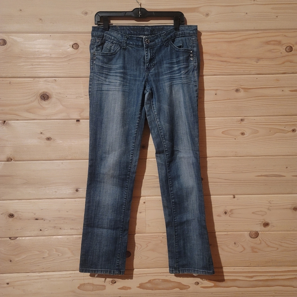 Vintage Blue Straight Leg Jeans with Embellished Design Size 34x32